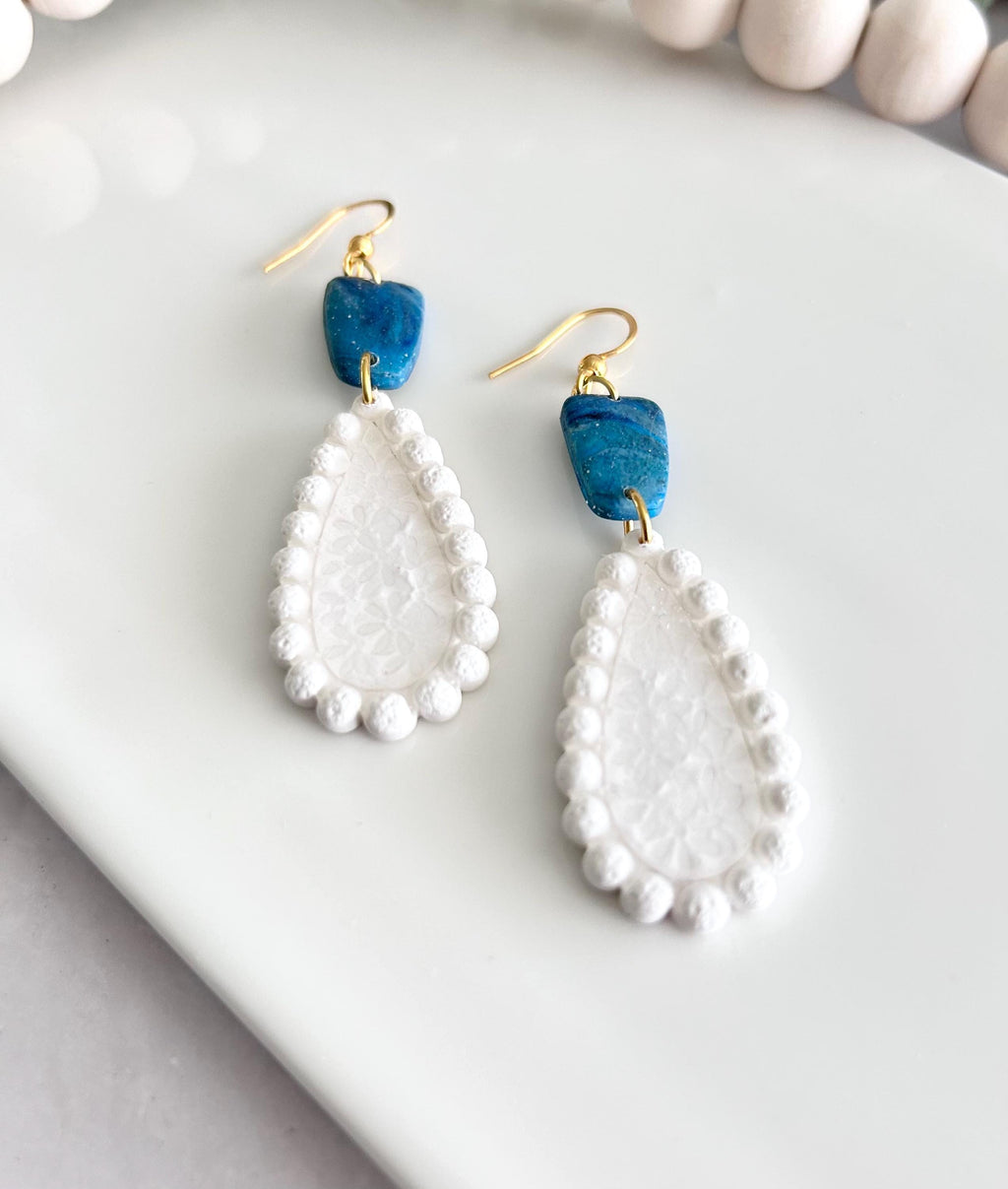 Teal and White Teardrop Earrings, Pearl Floral Clay Dangles, Handmade Bridal Coastal Jewelry