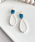 Teal and White Teardrop Earrings, Pearl Floral Clay Dangles, Handmade Bridal Coastal Jewelry