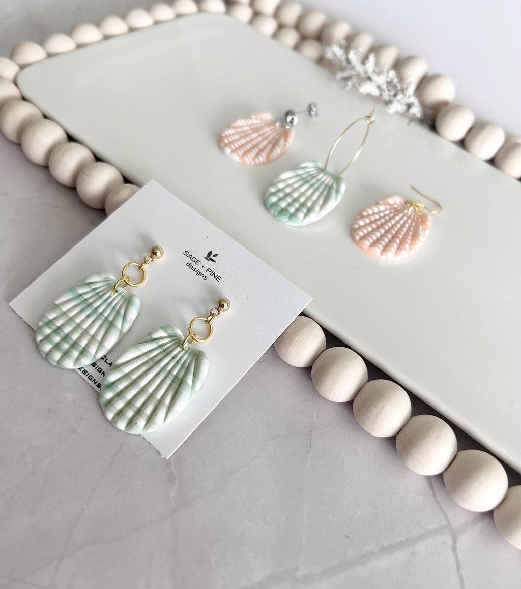 Mint Green Shell Earrings, Coral Peach and White Seashell Dangles, Coastal Vacation Dangles Beach Jewelry