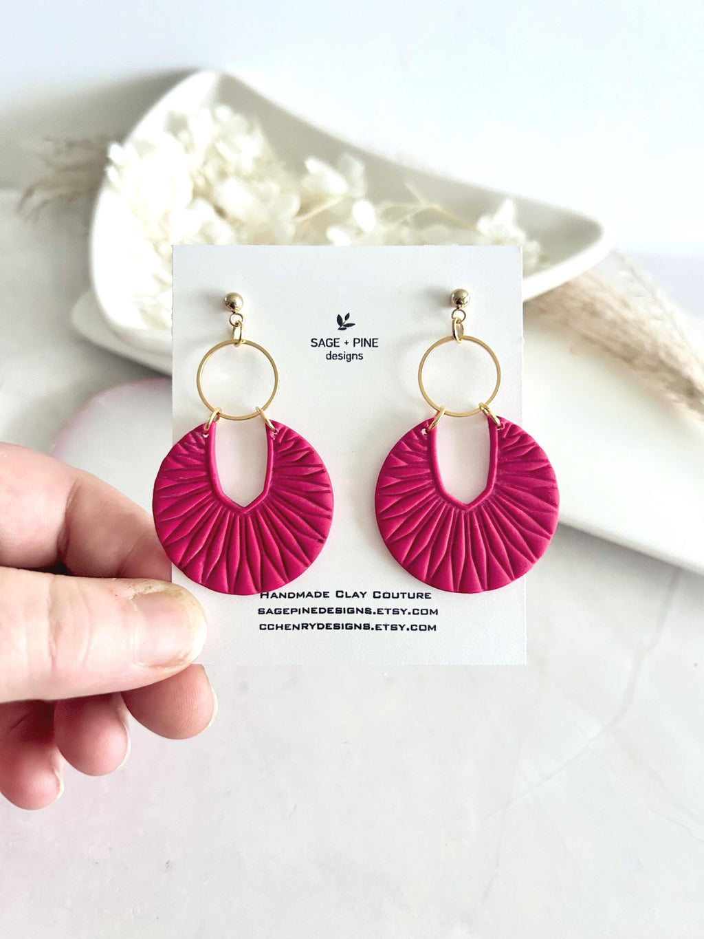 Matte Red Boho Earrings, Black and Gold Hoop Dangles, Handmade Clay Jewelry Gift