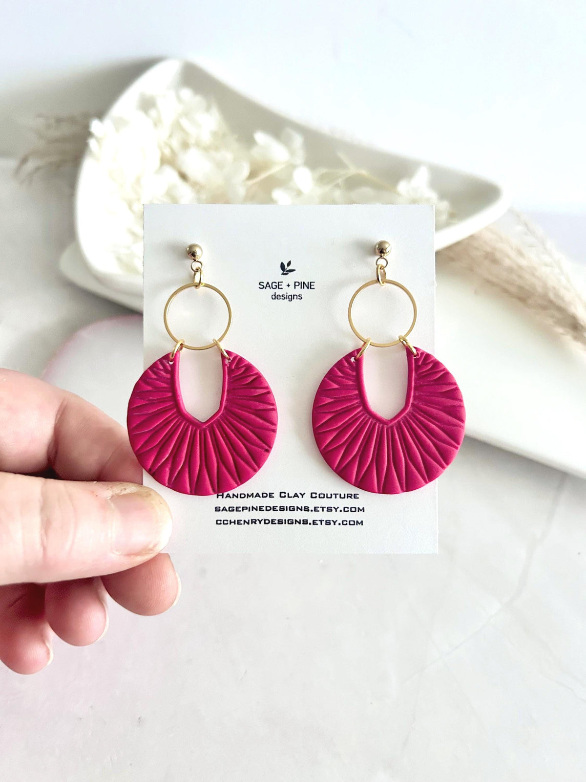 Matte Red Boho Earrings, Black and Gold Hoop Dangles, Handmade Clay Jewelry Gift