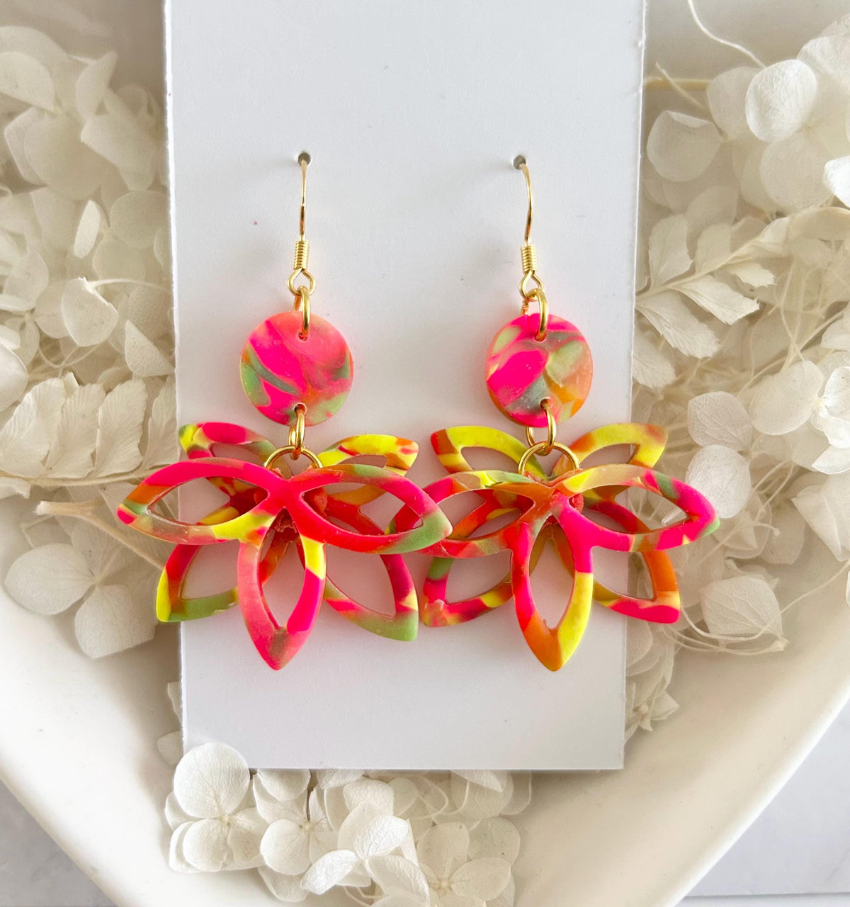Neon Flower Clay Earrings, Fluorescent Rainbow Lotus Dangles, Geometric Floral Handmade Boho Jewelry Gift