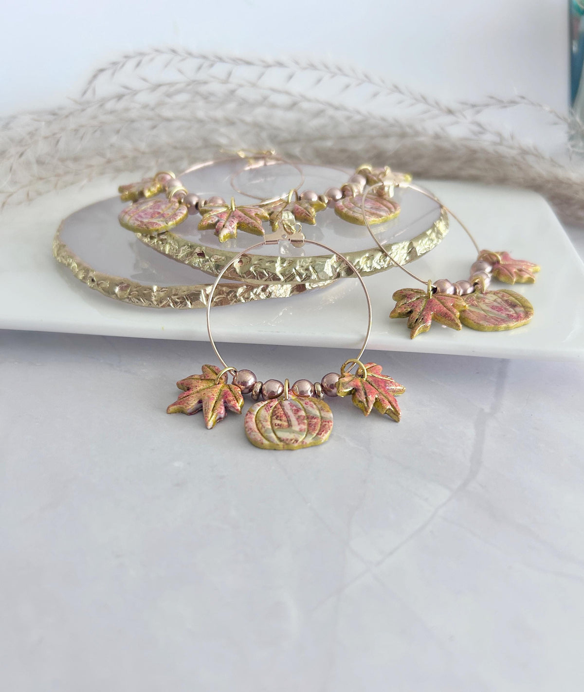 Fall Leaf Clay Earrings, Pumpkin Maple Beaded Hoop Dangles, Boho Hypoallergenic Lightweight Jewelry