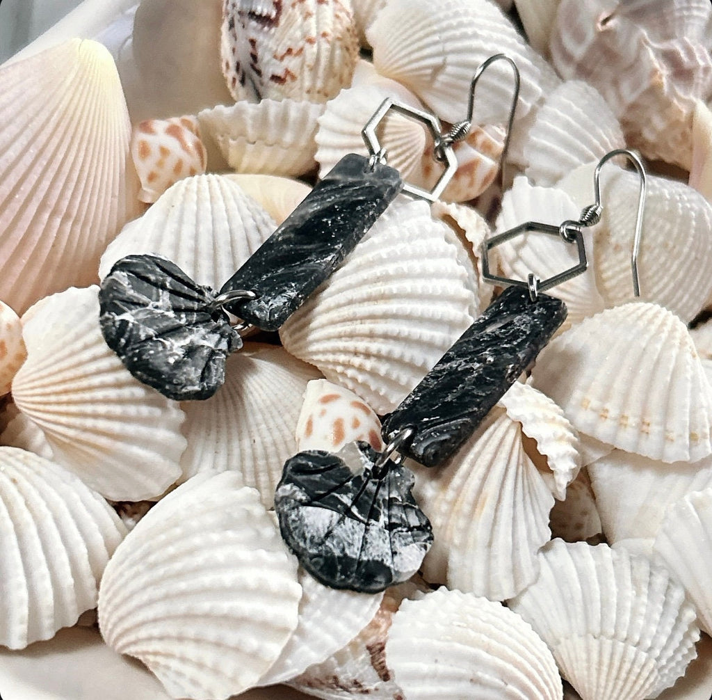Seashell Earrings, Black Beach Dangles, Stainless Steel Long Hexagon Handmade Clay Boho Jewelry