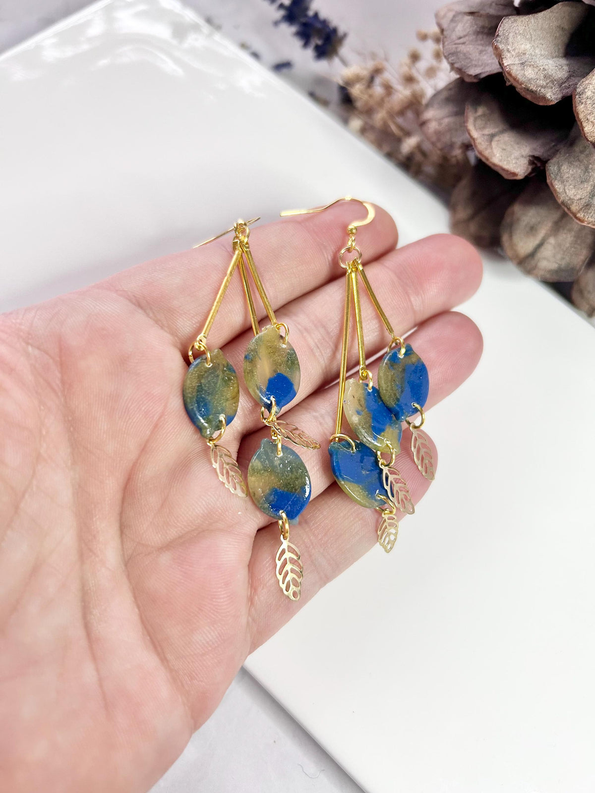 Navy Blue Dangle Earrings, Lemon Bar Clay Dangles, Gold Leaf Fall Earrings, Boho Jewelry