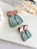 Sage and White Clay Earrings, Mandala Dangles, Floral Clay & Wood Boho Neutral Handmade Jewelry
