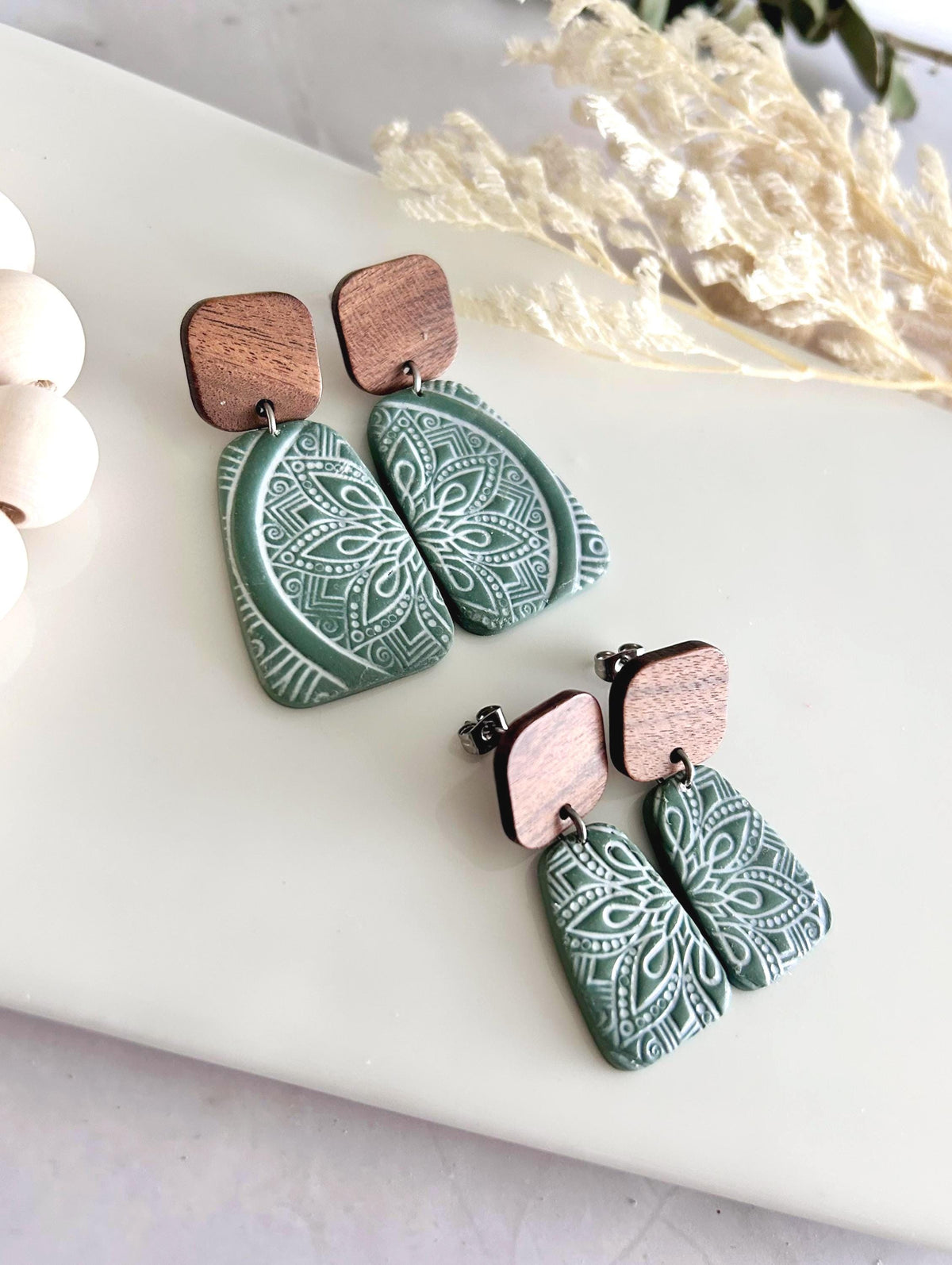 Sage and White Clay Earrings, Mandala Dangles, Floral Clay & Wood Boho Neutral Handmade Jewelry