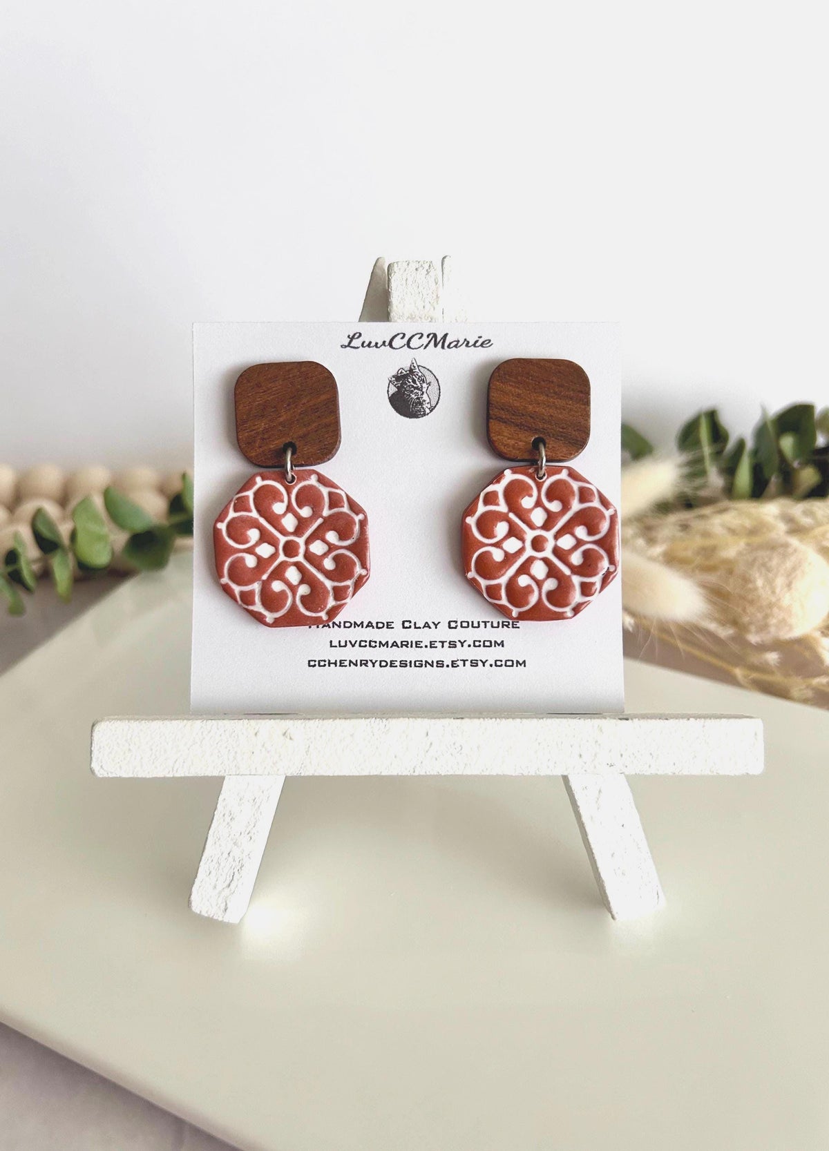 Mexican Tile Terracotta Earrings, Brown and White Clay & Wood Drop Stud Dangles, Handmade Jewelry