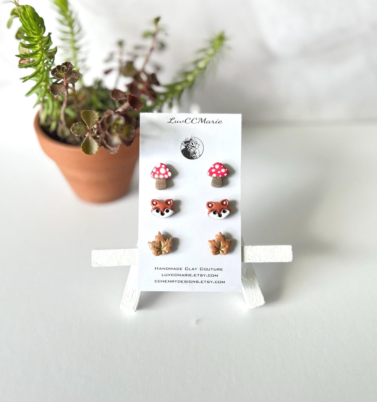 Clay Stud Earrings Set, Acorn, Fox, Maple Leaf, Mushroom, Toadstool, Handmade Fashion Fall Jewelry
