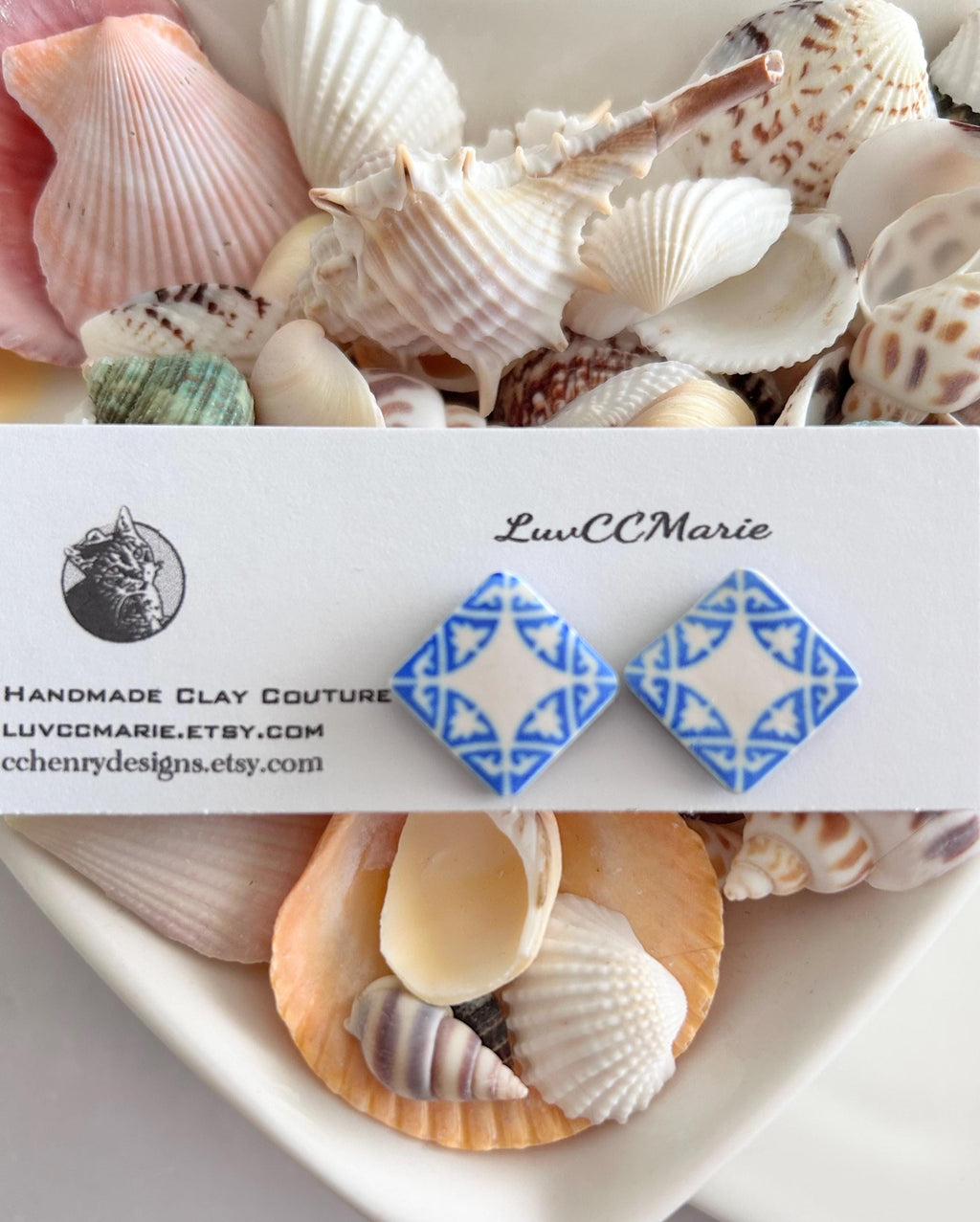 Handmade Santorini Tile Stud Earrings, Blue White Polymer Clay, Boho Jewelry