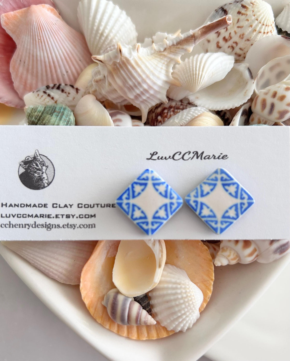 Handmade Santorini Tile Stud Earrings, Blue White Polymer Clay, Boho Jewelry
