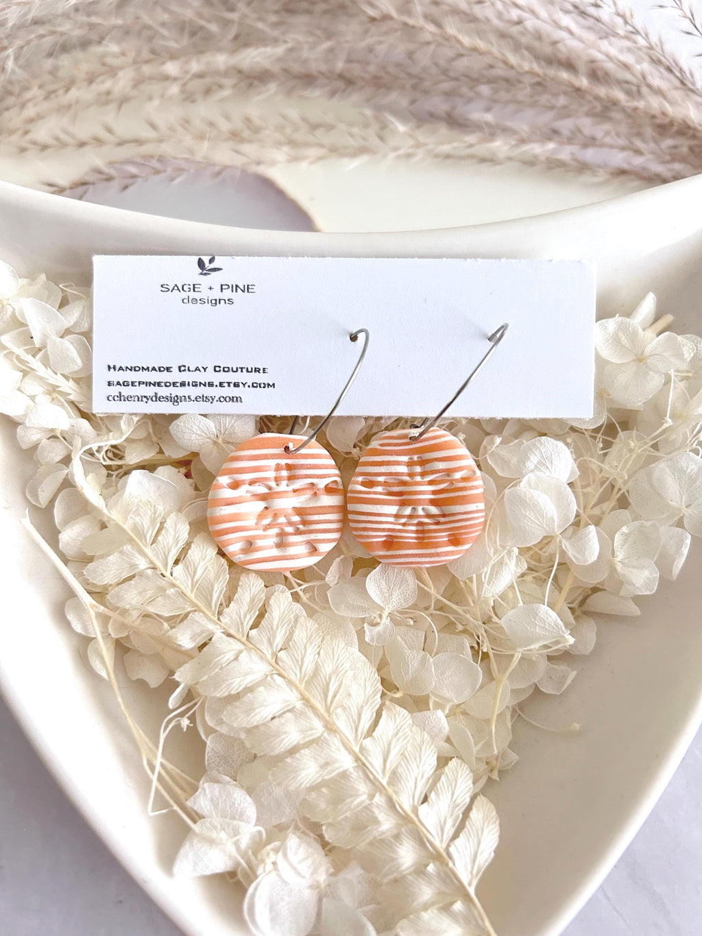 Sand Dollar Summer Earrings, Polymer Clay Dangles, Peach Mint Vacation Coastal Beach Handmade Gift