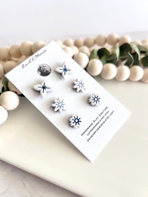 Blue and White Tile Stud Earrings Set, Small Studs, Unique Clay Hand Painted Gift