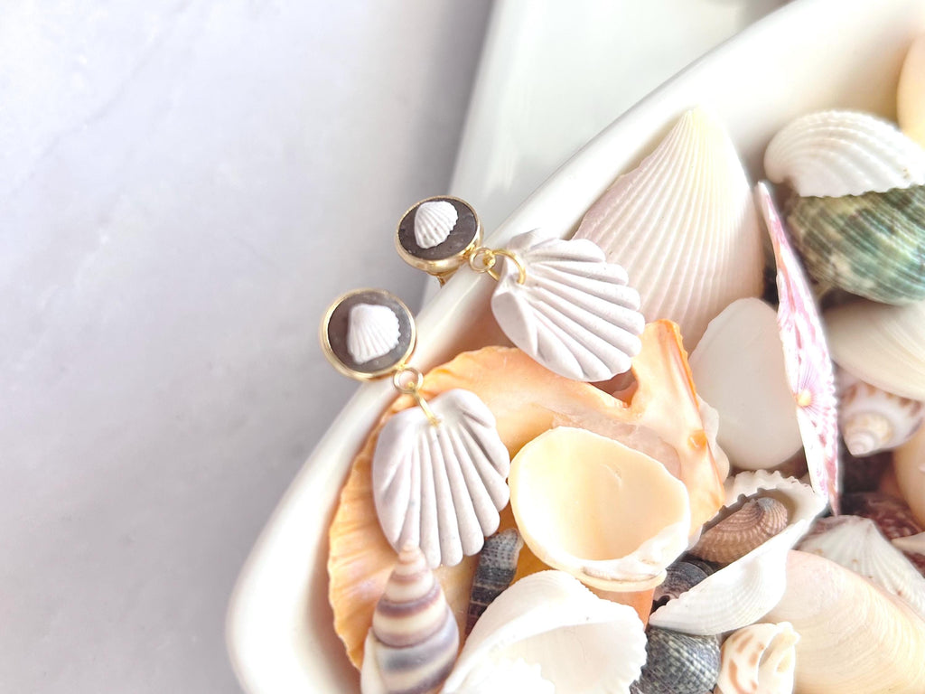 Seashell Earrings, White Clay Beach Wedding Stud Dangles, Boho Jewelry Gift for Bride