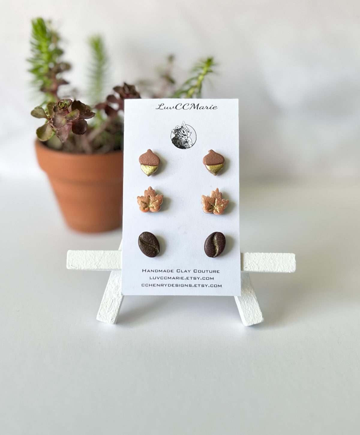 Autumn Stud Acorn Earrings, Maple Leaf Clay Post Set, Coffee Bean Jewelry, Handmade Jewelry