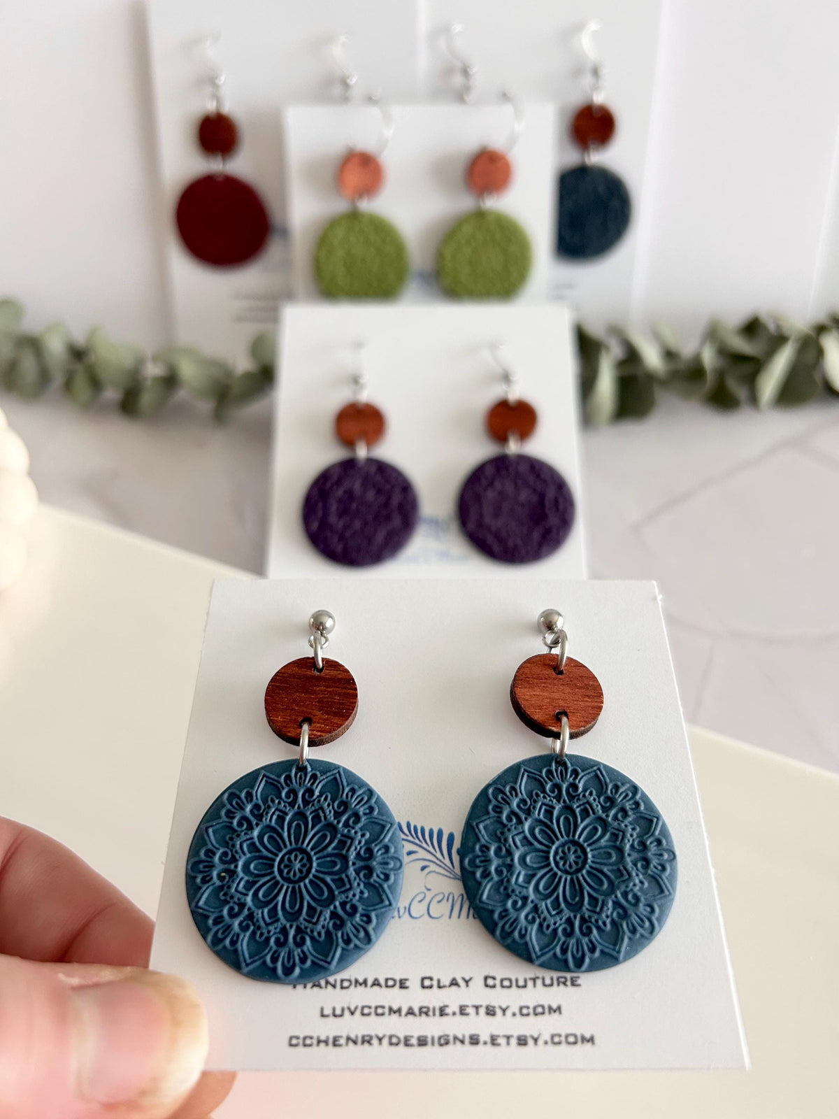 Burgundy Earrings, Embossed Floral Clay Dangles, 18k Gold Fall Jewelry, Brown Wood Handmade Lightweight