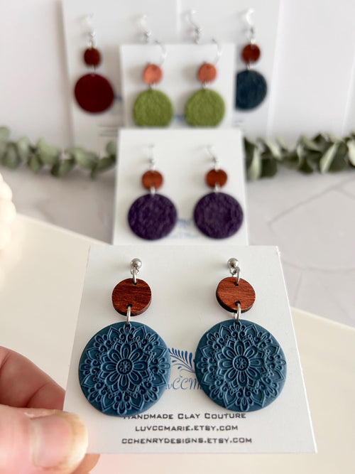 Burgundy Earrings, Embossed Floral Clay Dangles, 18k Gold Fall Jewelry, Brown Wood Handmade Lightweight