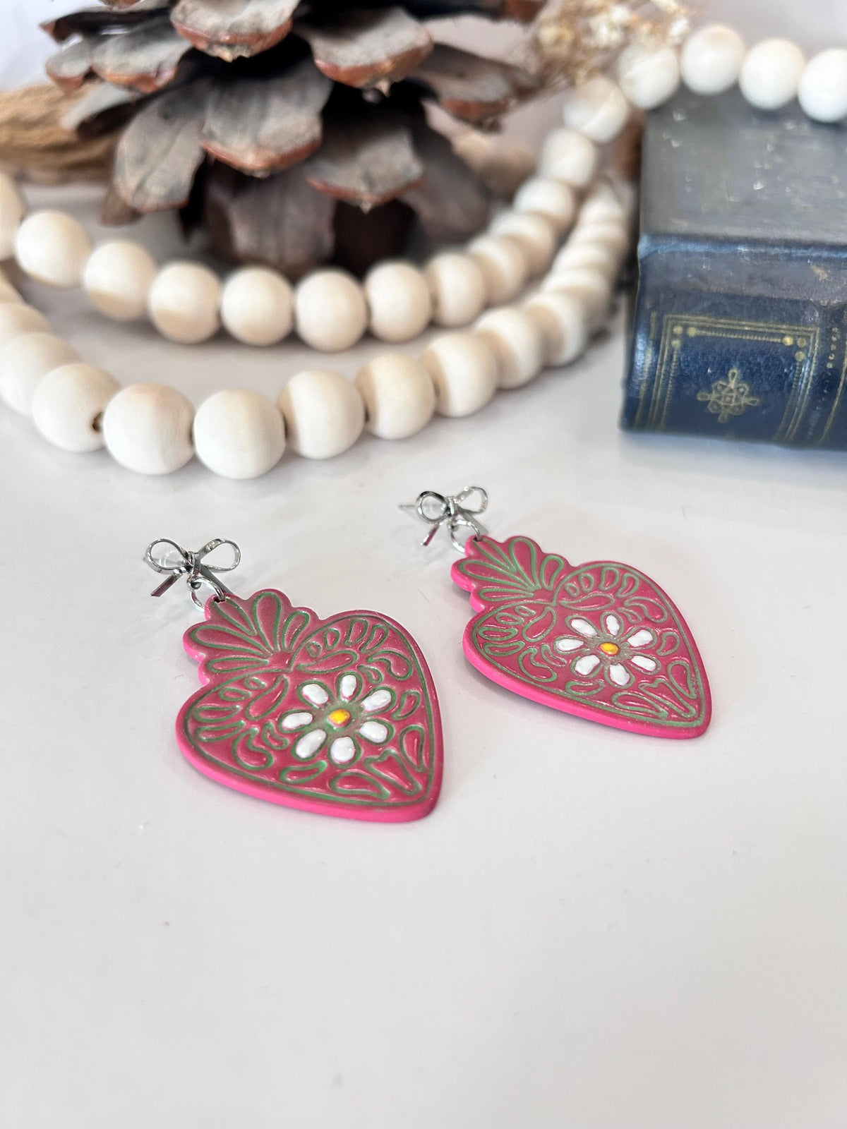 Mexican Strawberry Earrings, Hand Painted Daisy Flower Fuchsia Pink Heart Dangles, Handmade Jewelry Gift