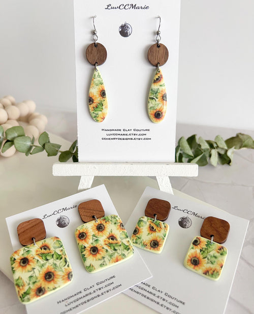 Boho Floral Earrings, Pale Yellow Wood Clay Dangles, Boho Sunflower Jewelry, Handmade Sunflower Themed Gift