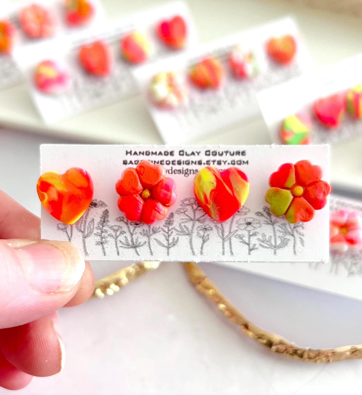 Neon Flower Stud Earrings, Daisy Heart Circle Fluorescent Clay Floral Post Jewelry