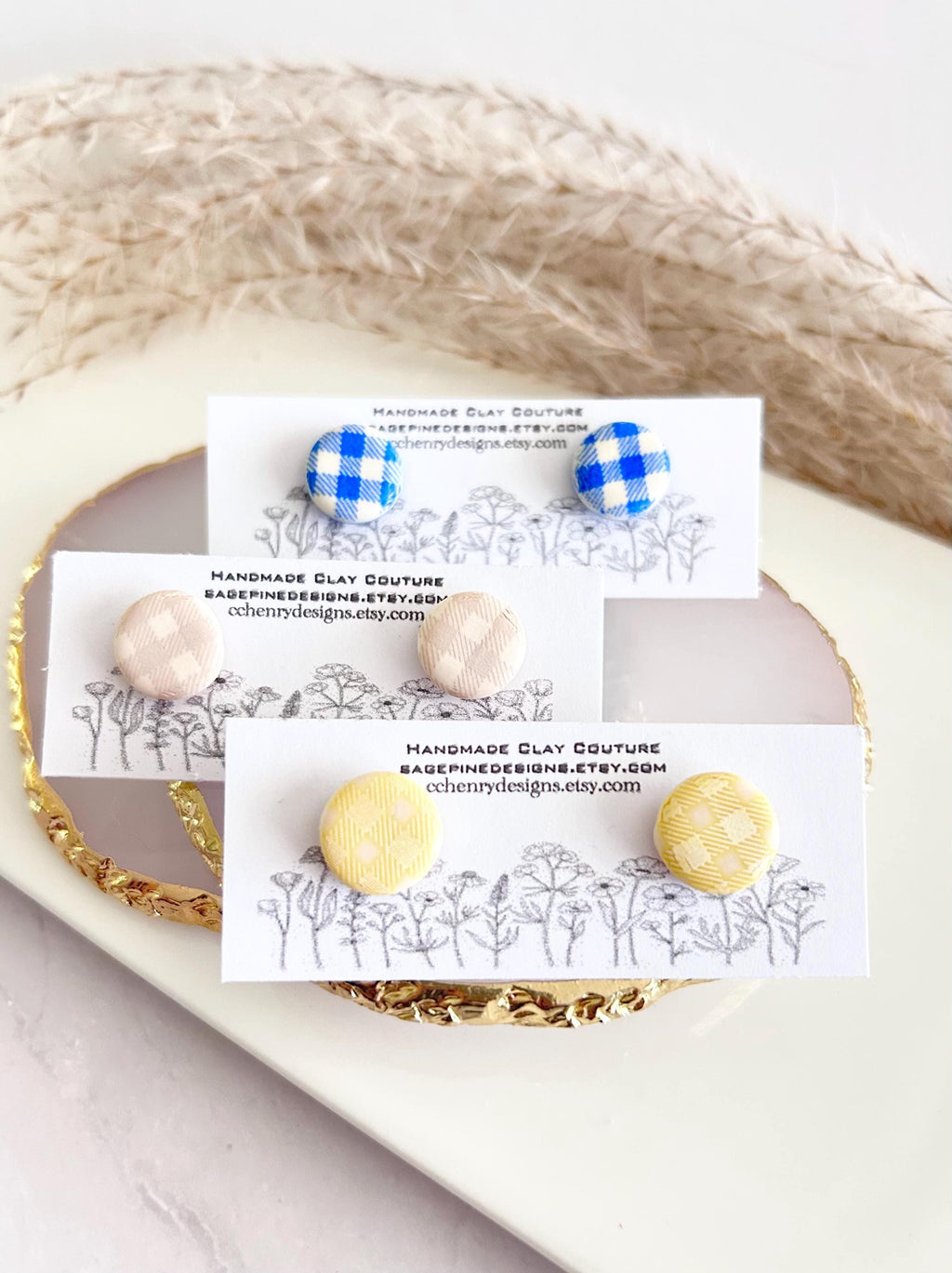 Navy Blue Gingham Check Clay Studs, Summer Vacation Stud Earrings, Handmade Jewelry