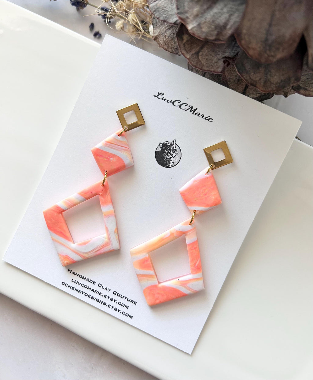 Coral Statement Dangle Earrings, Geometric Dangles, Handmade Lightweight Boho Jewelry