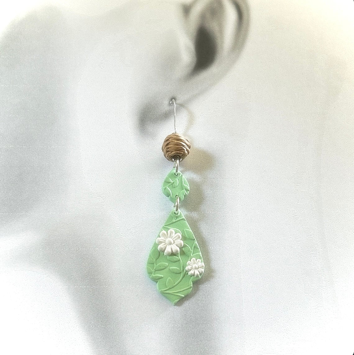 Green and White Daisy Earrings, Clay Drop Long Dangles, Handmade Floral Flower Jewelry