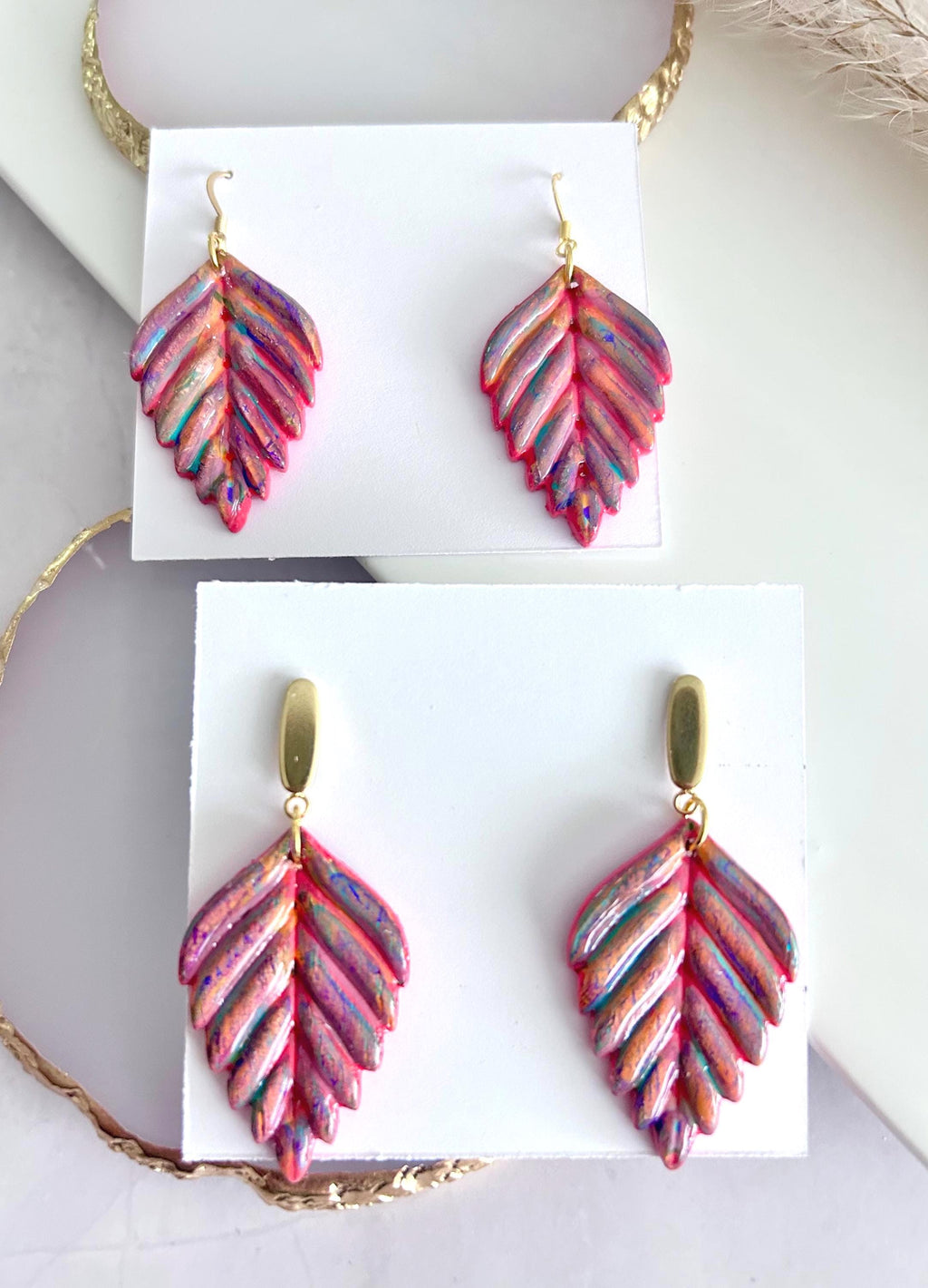 Hand Painted Leaf Earrings, 24k Gold Multicolor Earrings, Colorful Ceramic Clay Dangles, Hypoallergenic Clay Lightweight Jewelry