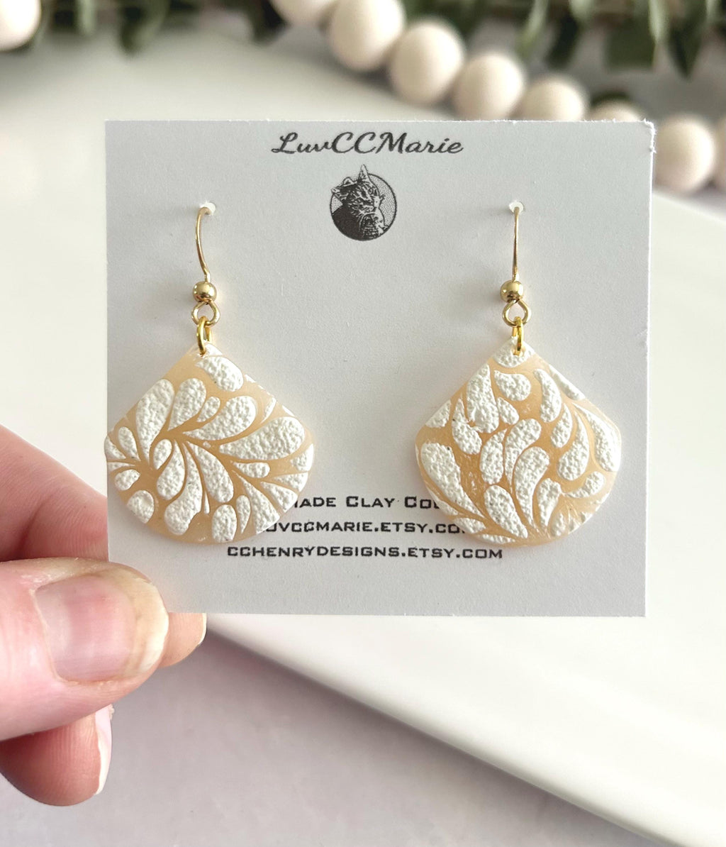 Nude and White Matisse Floral Dangle Earrings, Gold Lightweight Drop Dangles