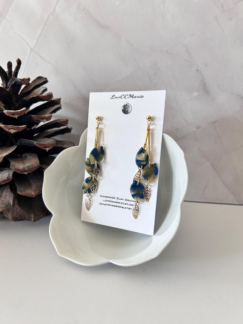 Navy Blue Dangle Earrings, Lemon Bar Clay Dangles, Gold Leaf Fall Earrings, Boho Jewelry