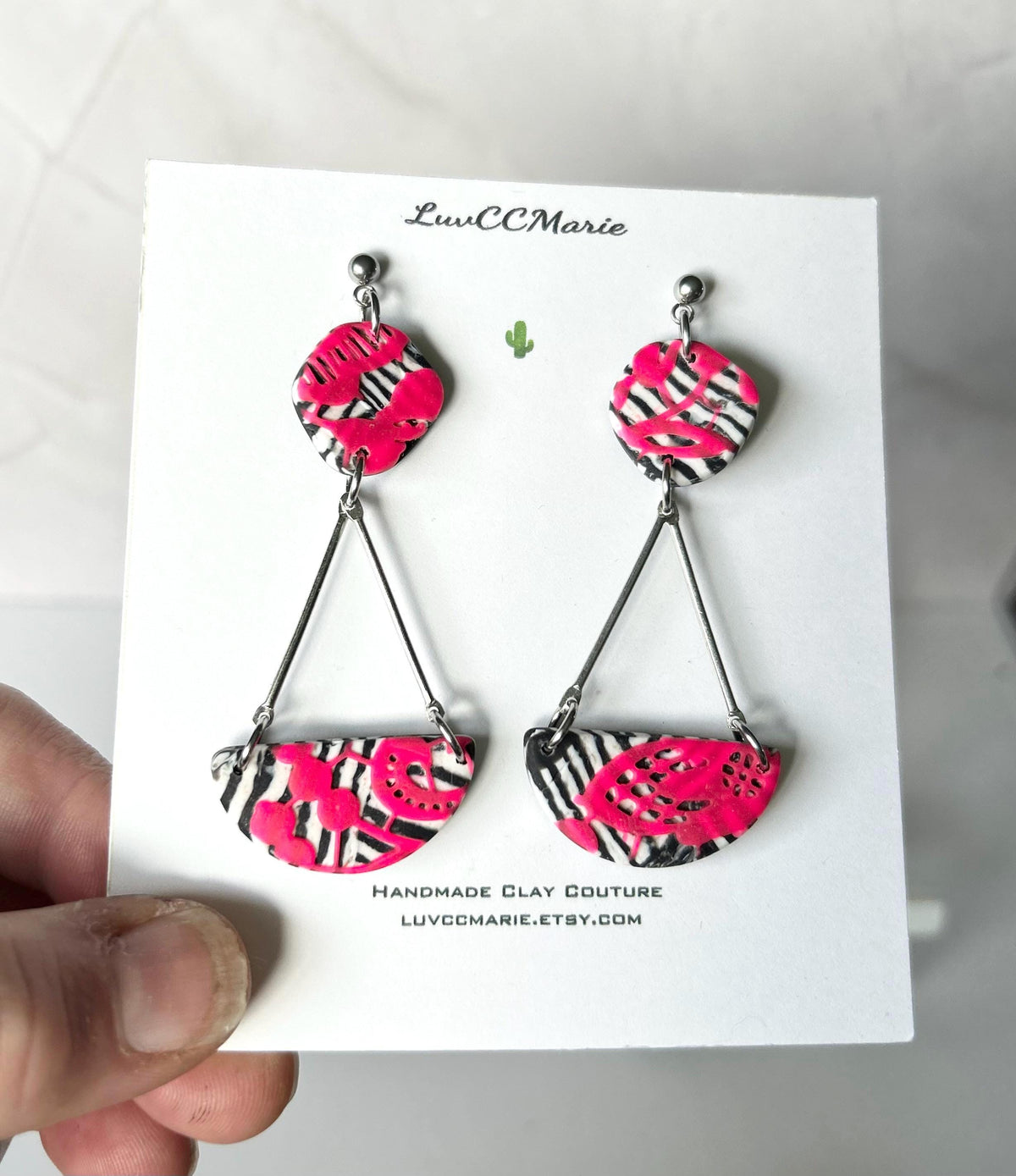 Hot Pink Black and White Zebra Stripe Chandelier Earrings, Clay Dangles, Handmade Jewelry Gift