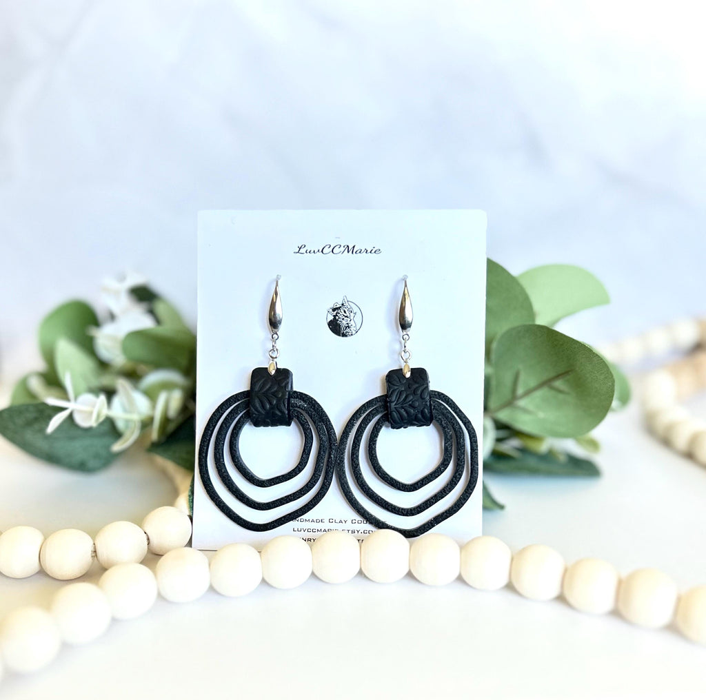 Black Silver Drop Hoops, Large Thin Hoop Dangles, Lightweight Clay Handmade Earrings, Stainless Steel