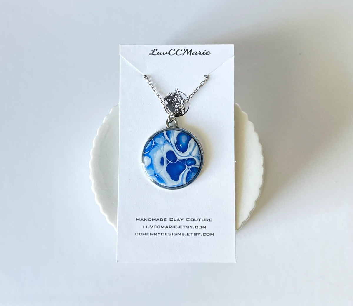Marbled Mokume Clay Pendant Necklace: Navy Blue Boho Jewelry