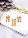 Neon Earrings, 80s Bow Hoop Dangles, Fluorescent Handmade Clay Jewelry Gift