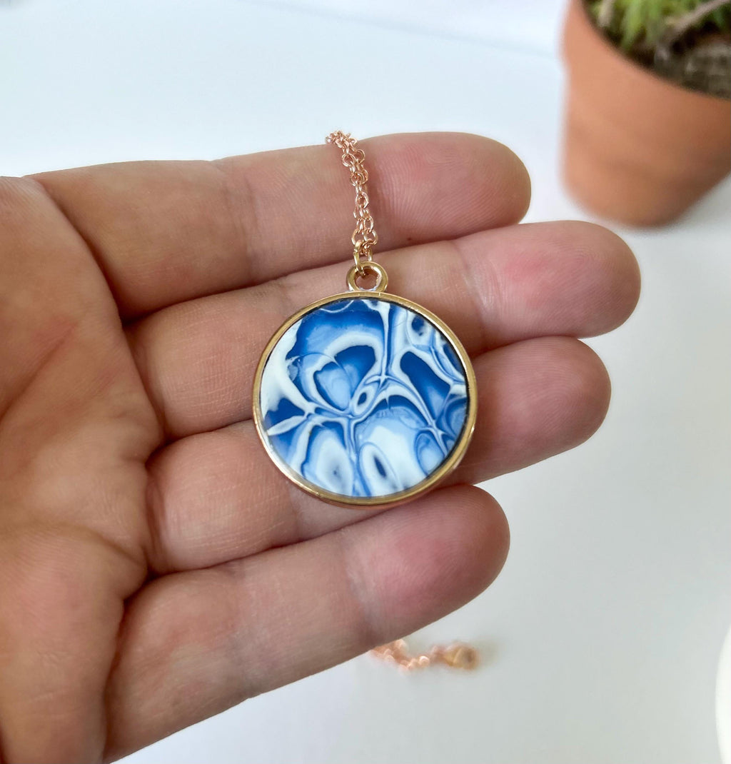 Marbled Mokume Clay Pendant Necklace: Navy Blue Boho Jewelry