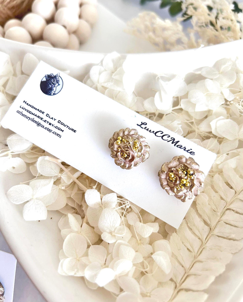 Gold Flower Stud Earrings, Abstract Clay Studs, Handmade Jewelry