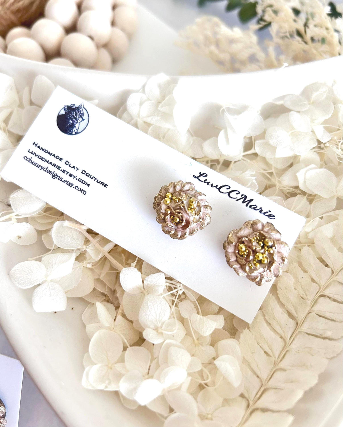 Gold Flower Stud Earrings, Abstract Clay Studs, Handmade Jewelry