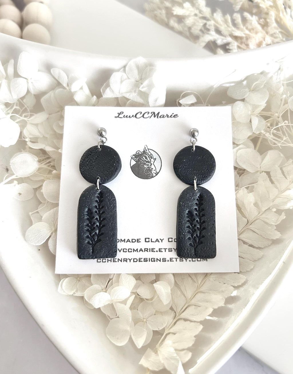 Polka Dot Botanical Clay Dangle Earrings, Handmade Art Jewelry Gift