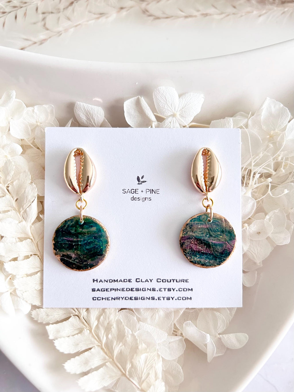 Seashell Cowrie Pearl Earrings, Coastal Vacation Faux Abalone Drop Dangles, Handmade Clay Jewelry
