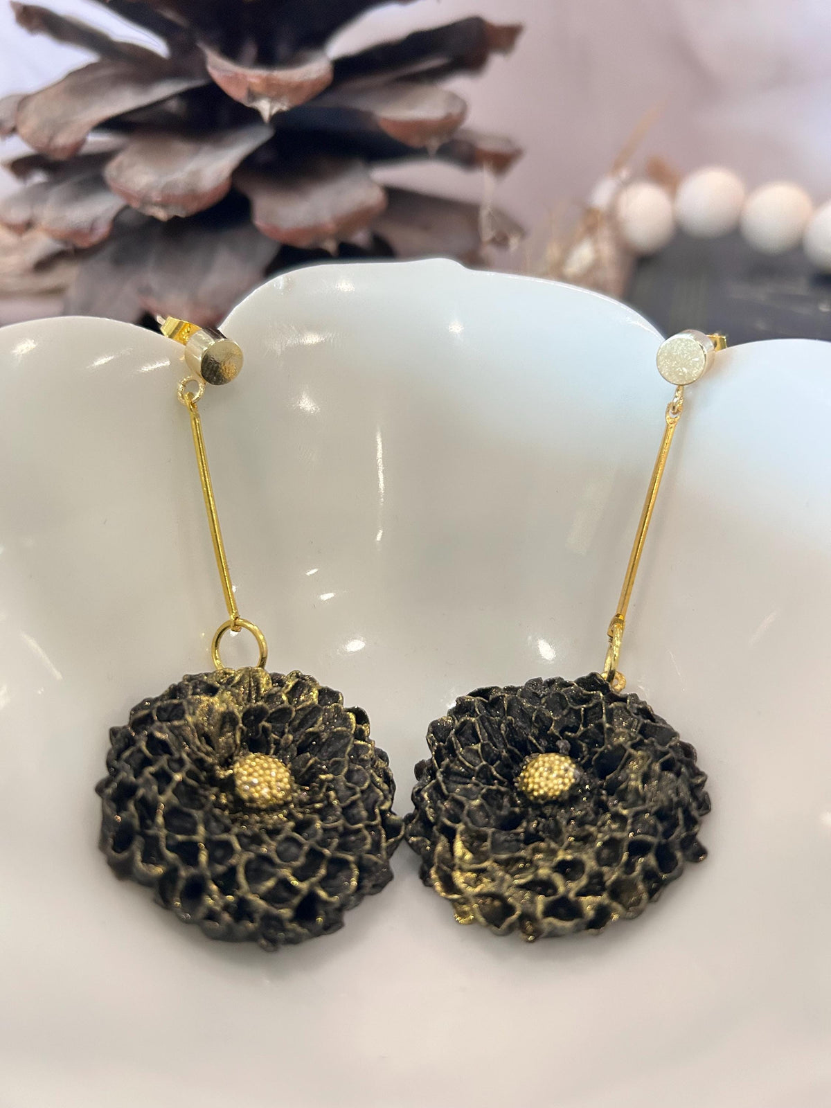 Handmade Black Dahlia Clay Earrings: Gold Floral Bar Dangles