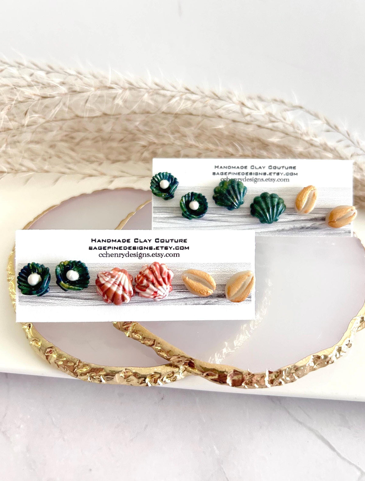 Cowrie Abalone Beach Studs, Coastal Shell Stud Set, Handmade Clay Summer Vacation Jewelry