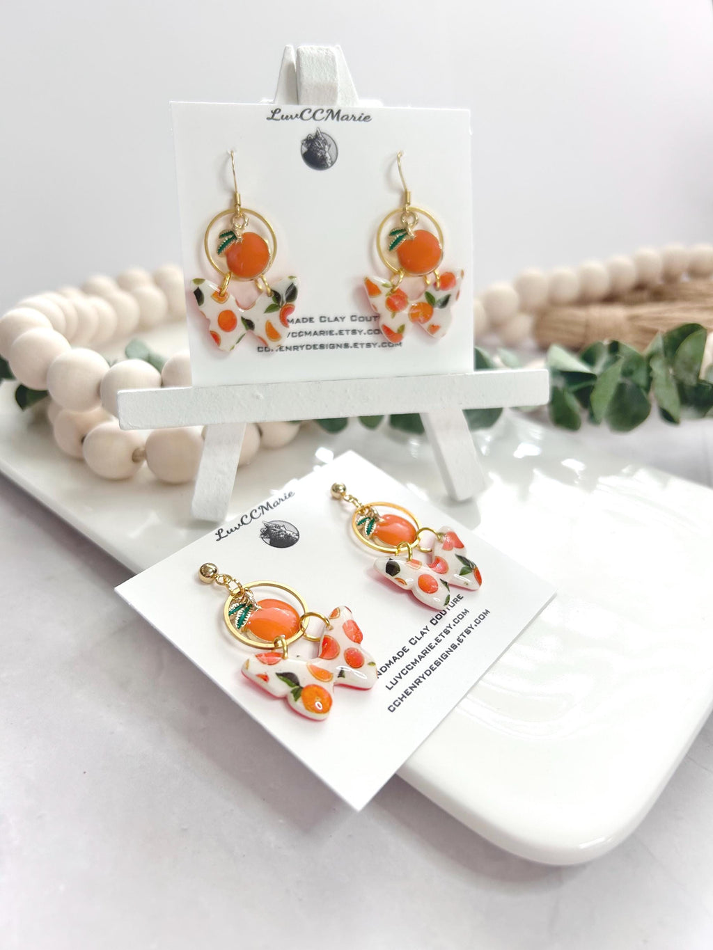 White and Orange Butterfly Earrings, Fruit Dangles, Handmade Clay Summer Jewelry Foodie Gift