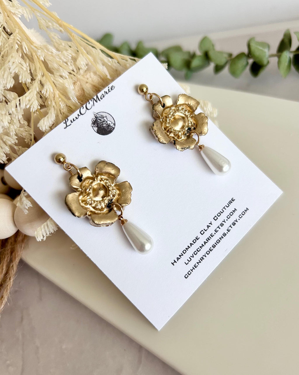 Handmade Pearl Dangle Poppy Earrings, Gold Floral Drop Dangles, Flower Bridal Clay Jewelry