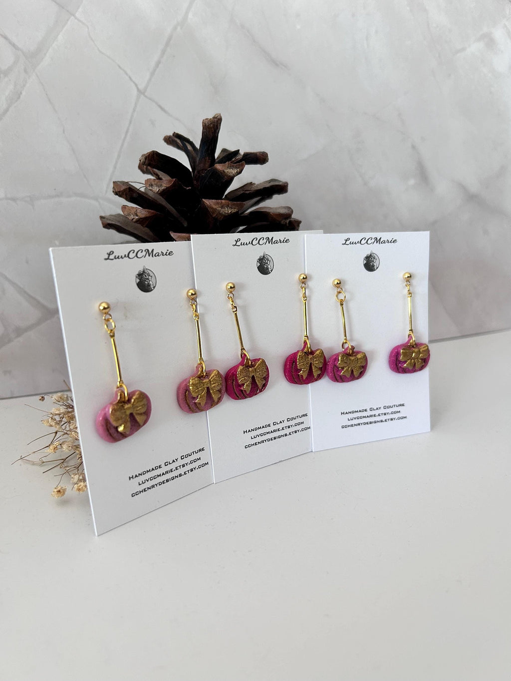 Handmade Pink Pumpkin Earrings: Gold Bow Clay Dangles