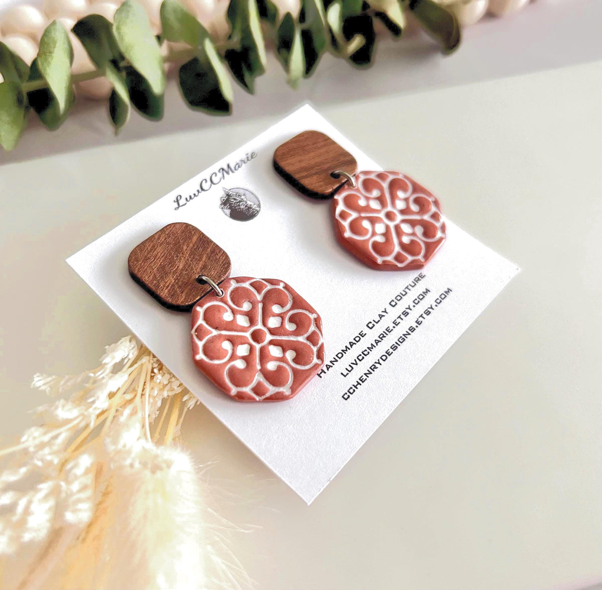 Mexican Tile Terracotta Earrings, Brown and White Clay & Wood Drop Stud Dangles, Handmade Jewelry