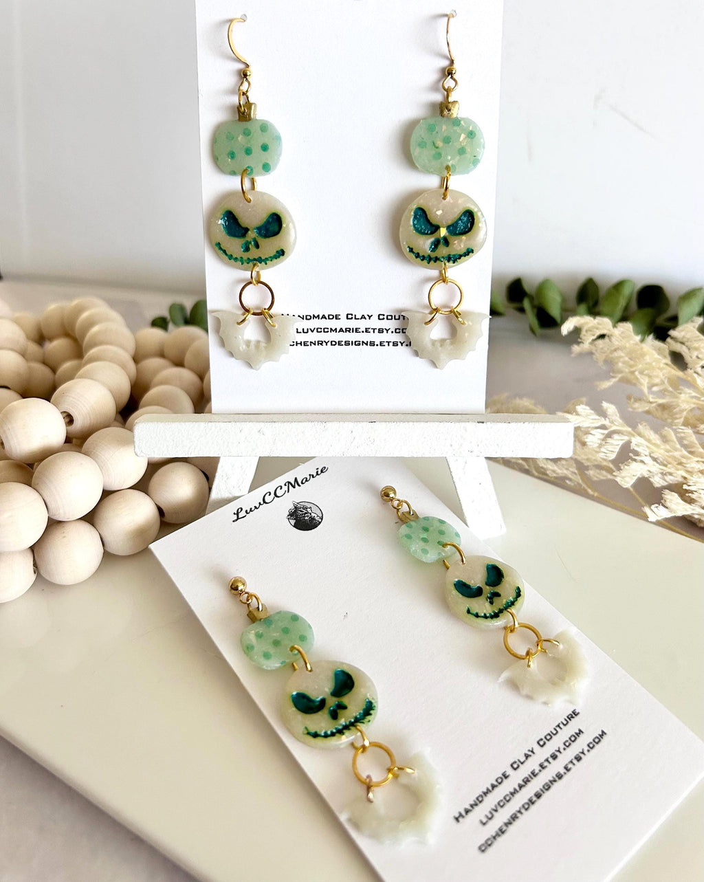 Mint Green Pumpkin Earrings, Skull Bat Long Dangles, Lightweight Hypoallergenic Clay Polka Dot