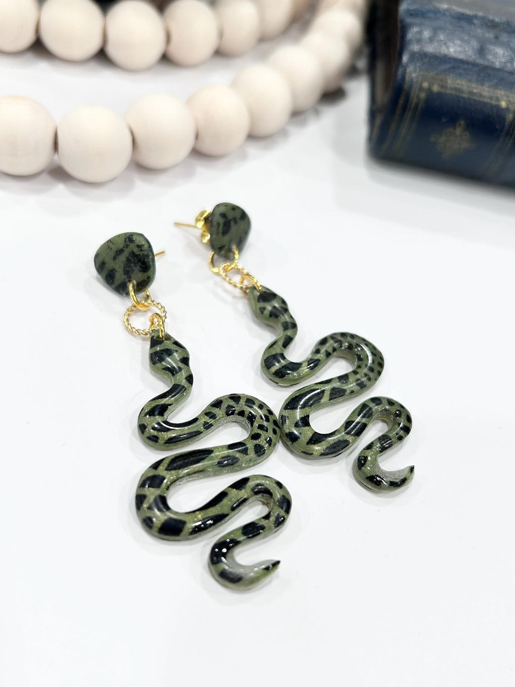 Handmade Polymer Clay Snake Earrings: Green & Black Boho Dangles