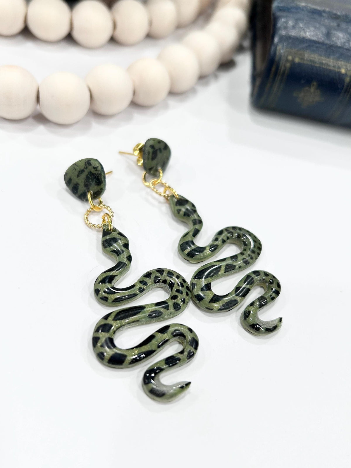 Handmade Polymer Clay Snake Earrings: Green & Black Boho Dangles