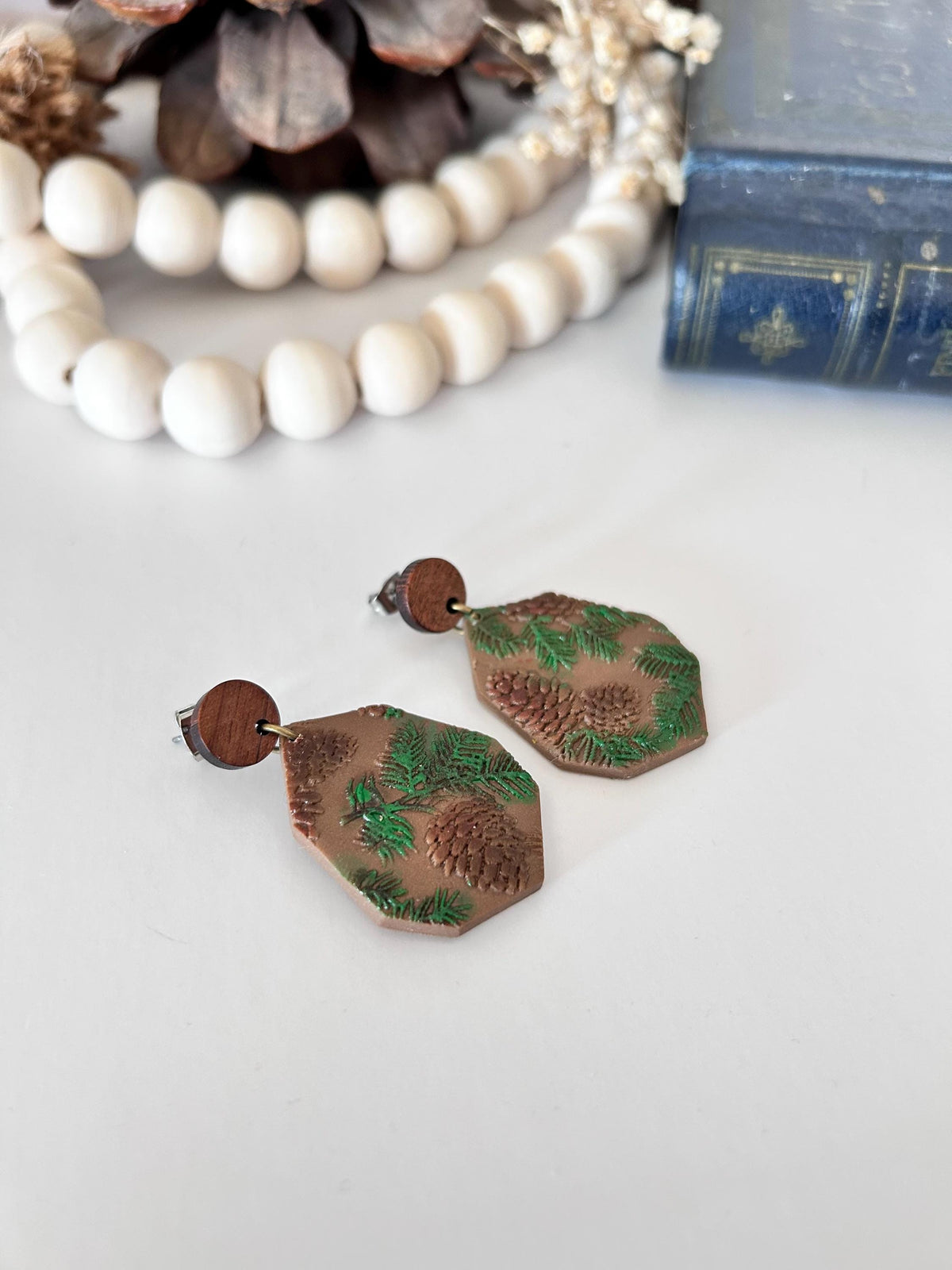 Handmade Pine Bough Clay Earrings: Boho Evergreen Jewelry