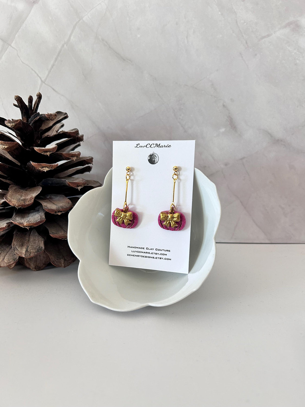 Handmade Pink Pumpkin Earrings: Gold Bow Clay Dangles